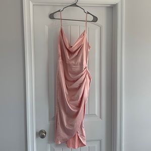 Baby pink cowl-neck silk midi dress. Ruched detailing on side with slit. Size L.